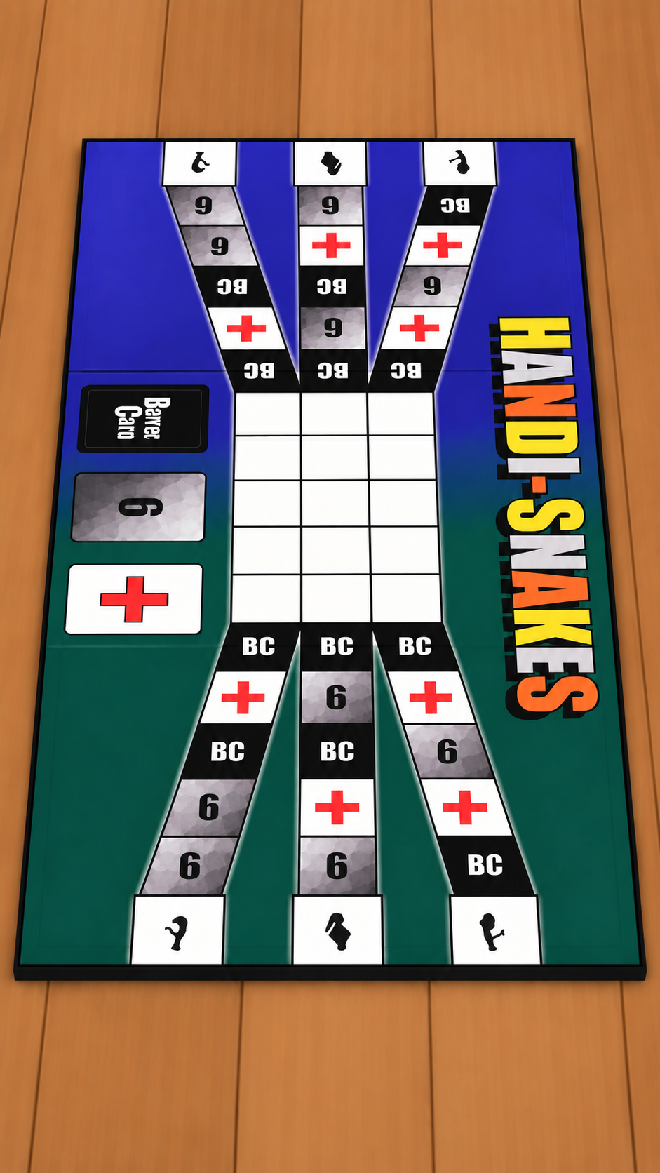 Original Handi-Snakes board, with three straight lanes between green and blue starting spaces